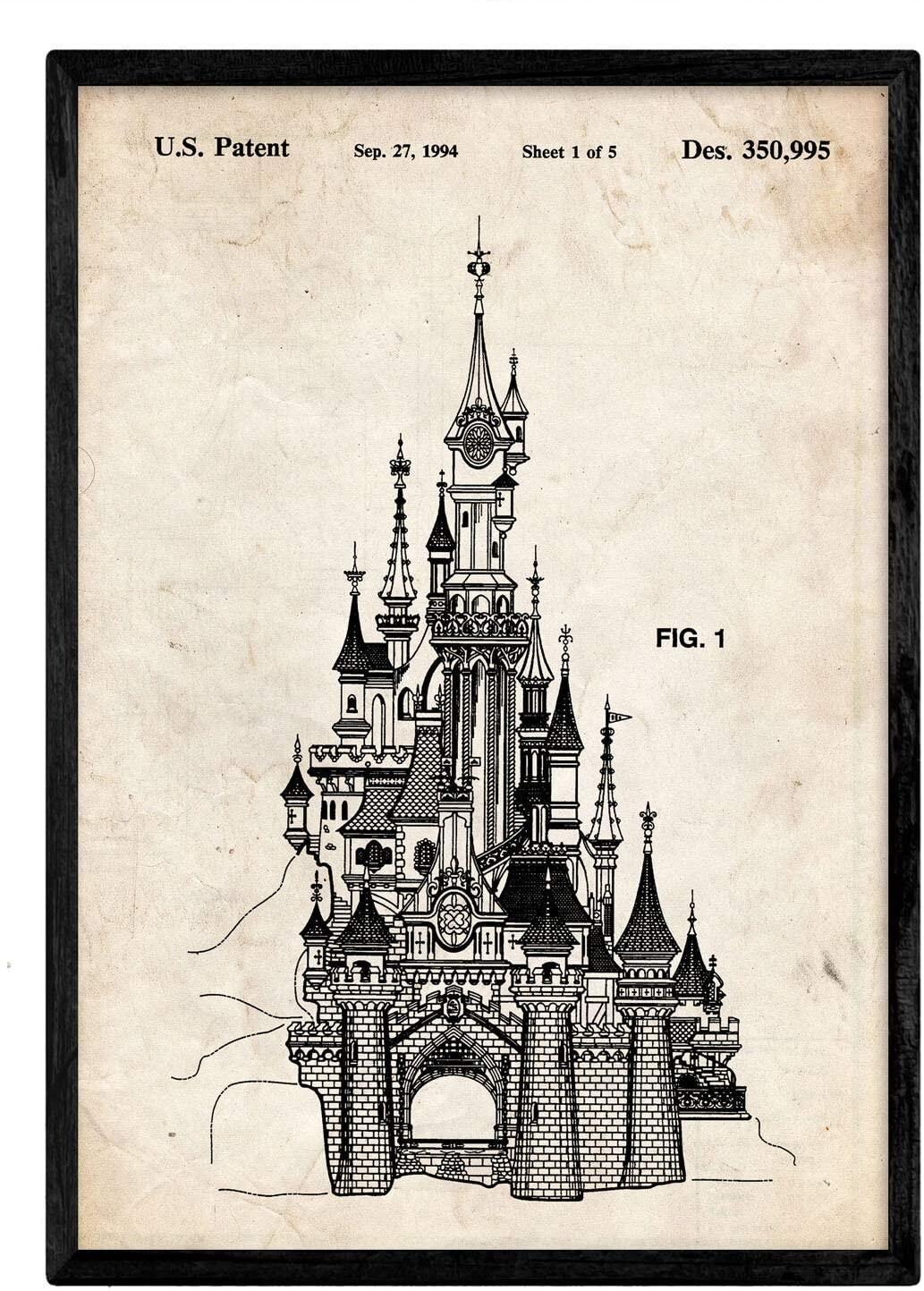Poster de la Licencia del Castillo Disney. Lámina con diseño de patente en tamaño A3 y con fondo vintage