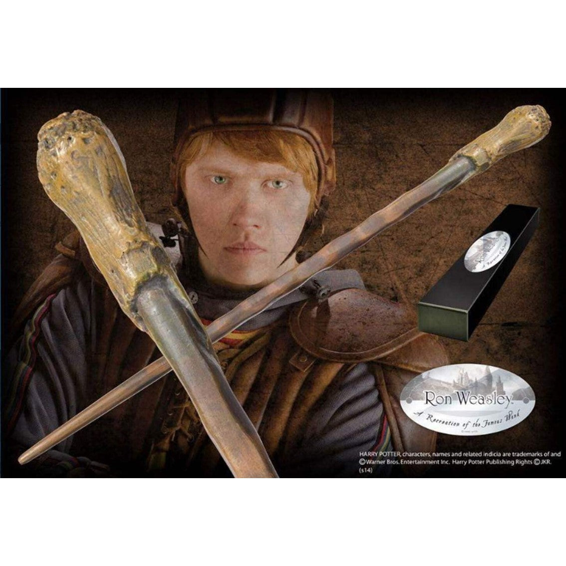Replica the noble collection harry potter ron weasley varita con caja y placa de identificacion