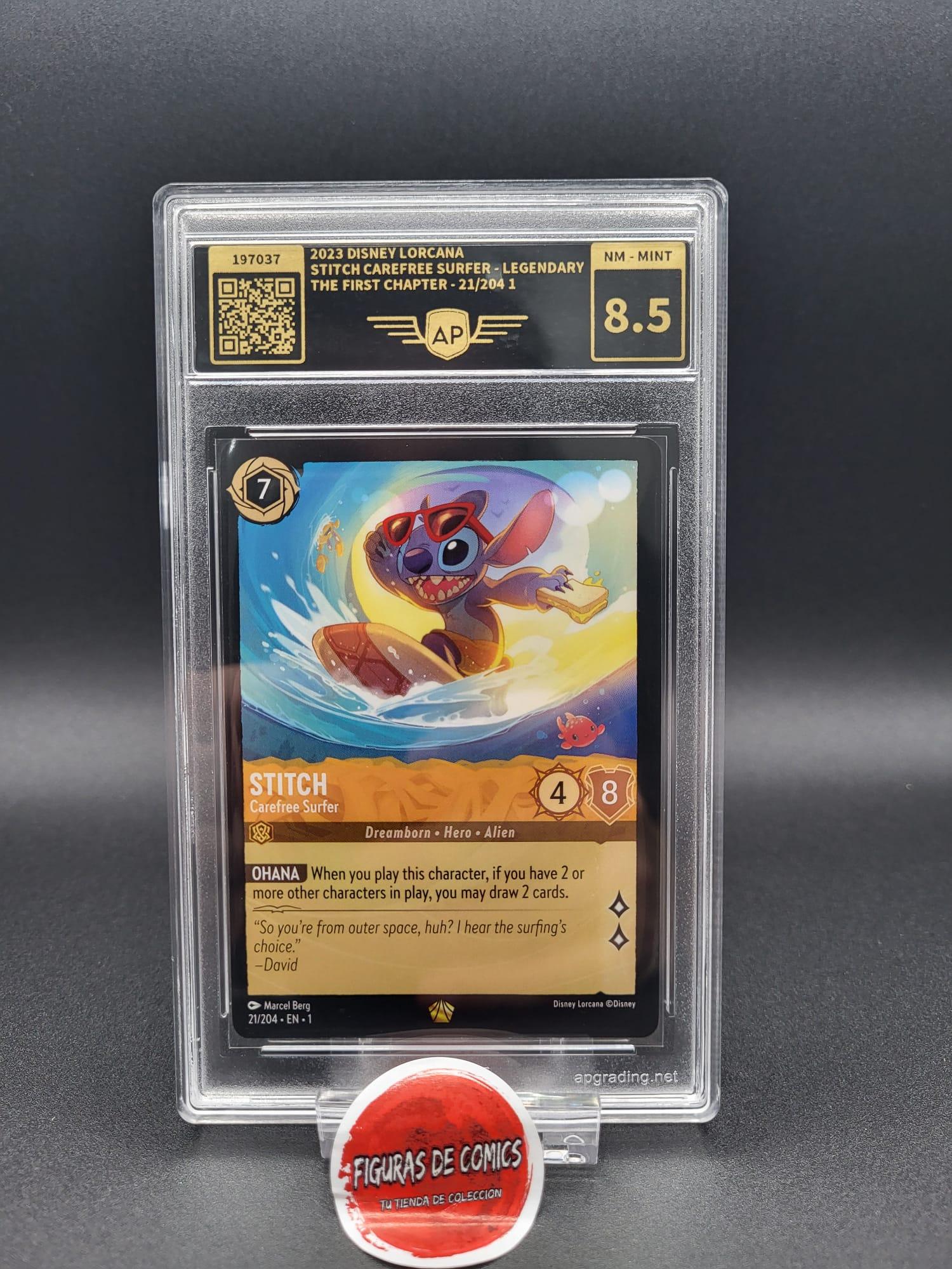 Disney Lorcana TCG Carta Gradeada 2023 Stitch Carefree Surfer - Legendary The First Chapter - 21/204 1 AP 8.5 NM MINT INGLÉS