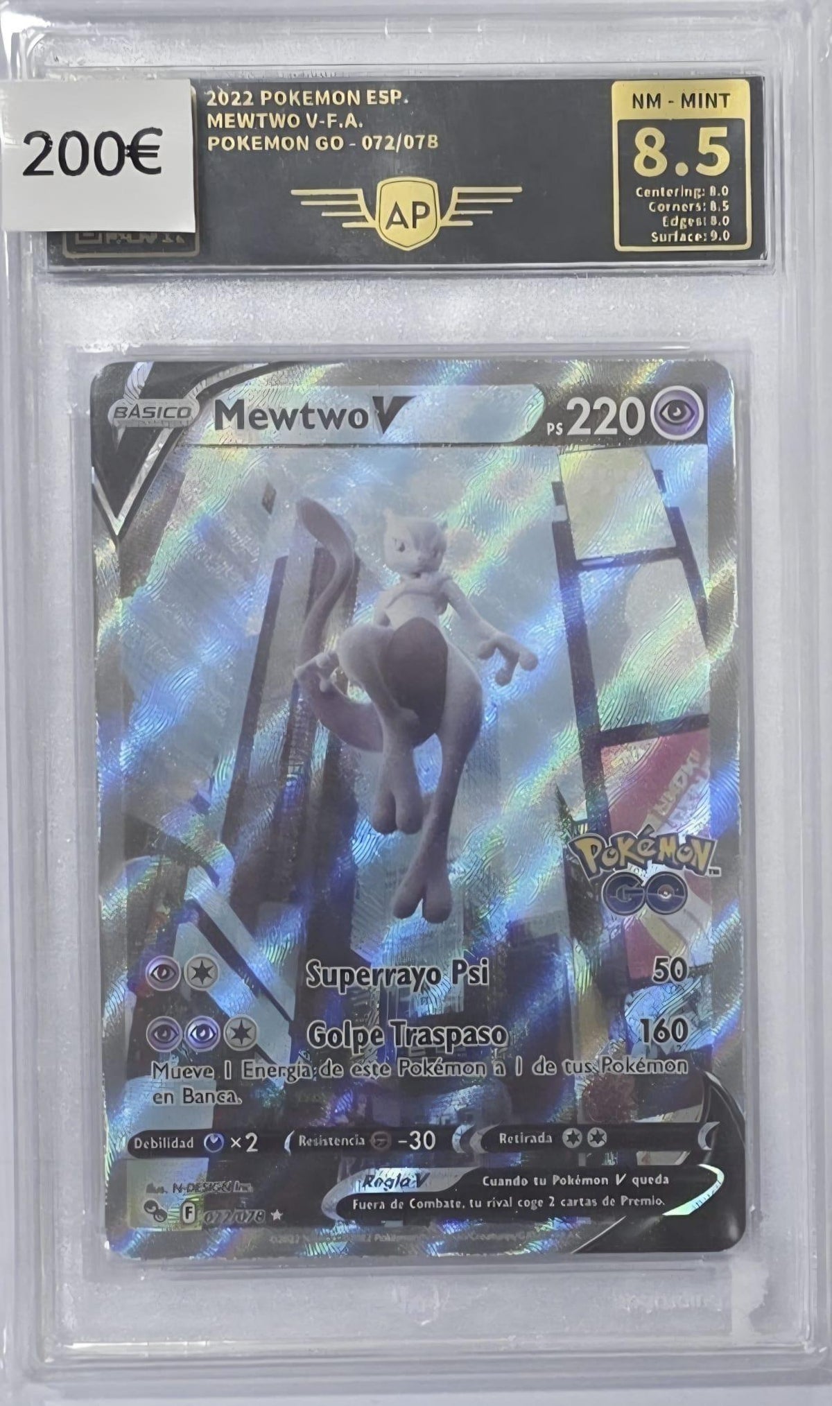 Pokemon TCG Carta Gradeada 2022 Mewtwo V Full Art Pokemon Go AP NM - MINT 8.5 Español
