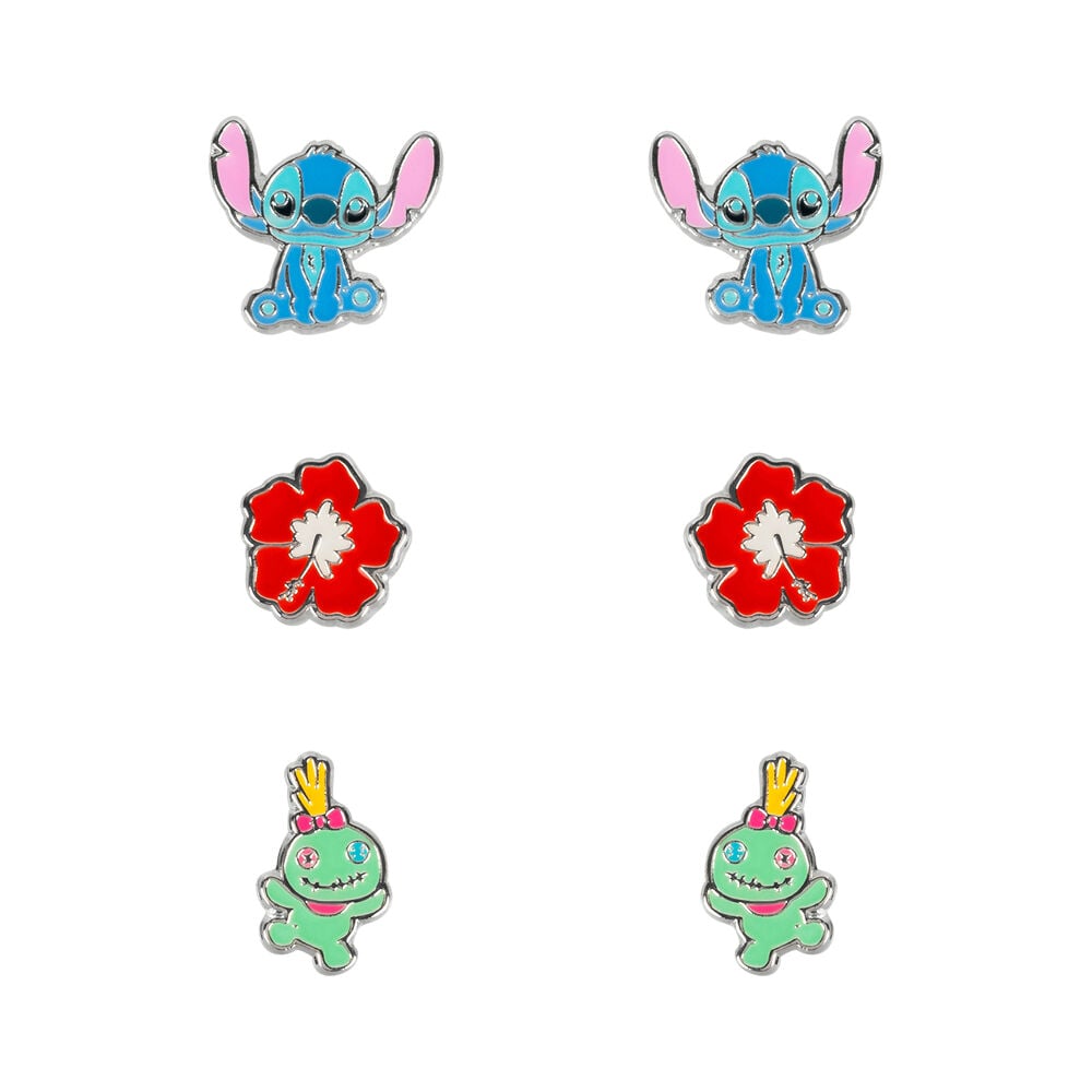 Set 3 Pares de pendientes Stitch Disney plata