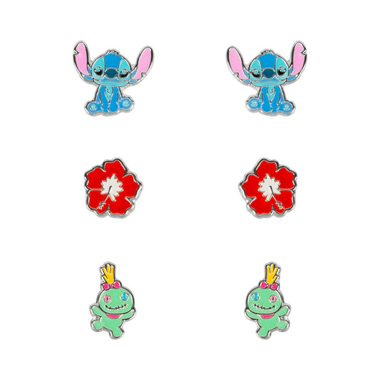 Set 3 Pares de pendientes Stitch Disney plata