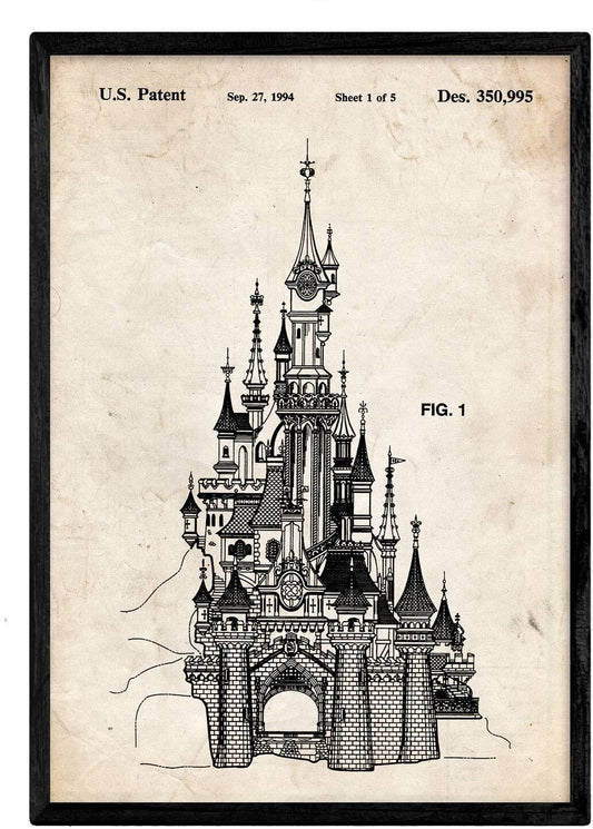 Poster de la Licencia del Castillo Disney. Lámina con diseño de patente en tamaño A3 y con fondo vintage